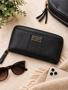 Relic Black Leather Zip Around Wallet RFID Phone Clutch Organizer Card Holder
